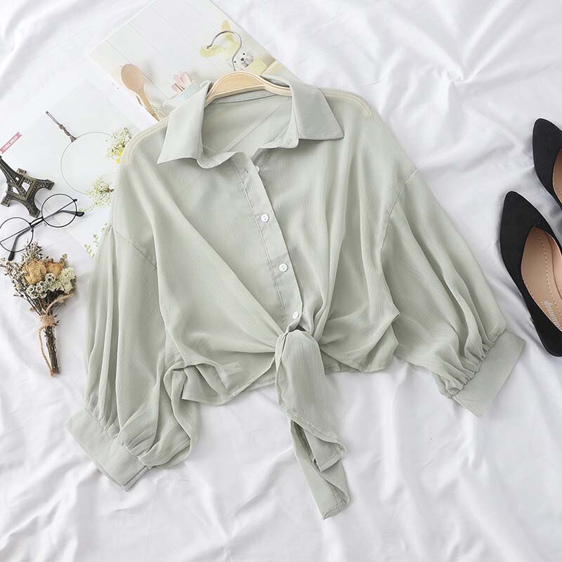 HELIAR Chiffon Shirts Women Half Sleeve Button Up Chiffon Blouses Female Blusa Feminina OL Shirts For Women 2020 Autumn