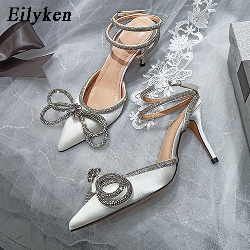 Eilyken Style Glitter Rhinestones Silk Women Pumps Crystal Bowknot Satin Spring Autumn Lady High Heels Party Prom Shoes