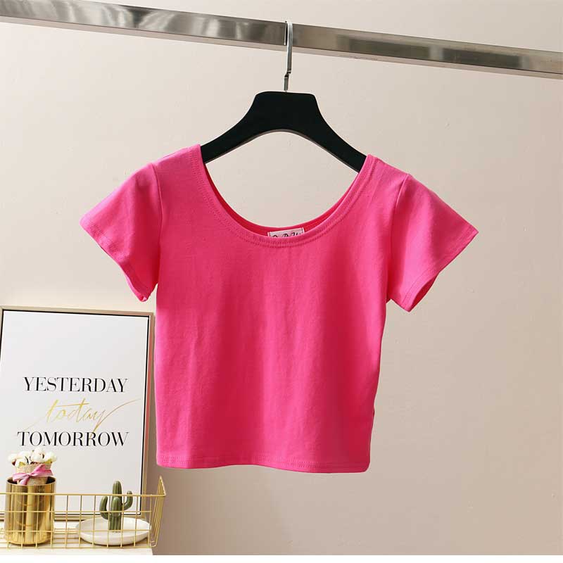 11 Colors Solid Crop Top Women T-shirt Cropped Slim High Waist Short Sleeve Basic Summer Clothes Tops Woman Free Shipping Tee