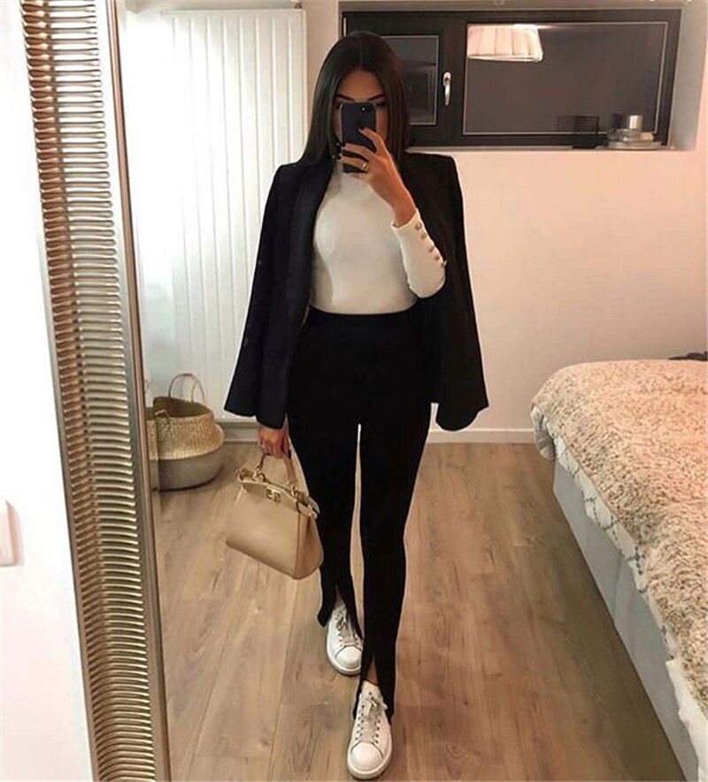 2021 New Ladies Casual Skinny High Waist Trousers Casual Women Solid Color Red Black Slit Flare Pants