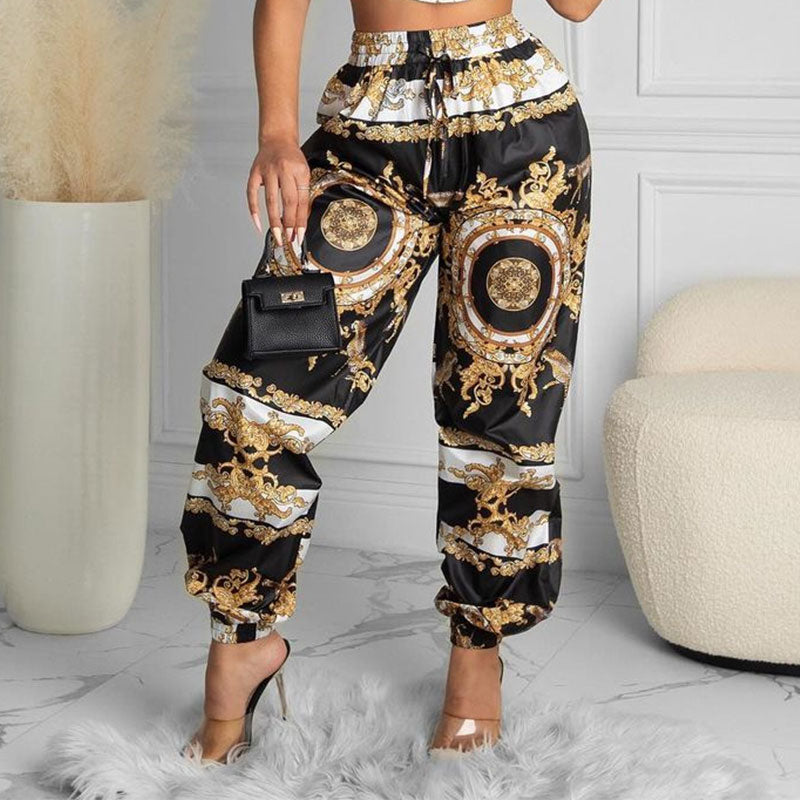 2022 Summer Women Black Clubwear Two Piece Suit Sets Sleeveless Scarf Print Crop Top High Waist Casual Long Pants Set