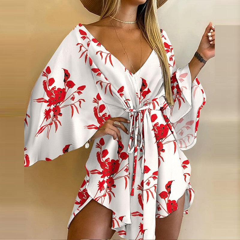 New Summer Women Elegant Dresses Sexy V Neck Lace-up Floral Printed Mini Dress Casual Flared Sleeve Irregular Ladies Party Dress