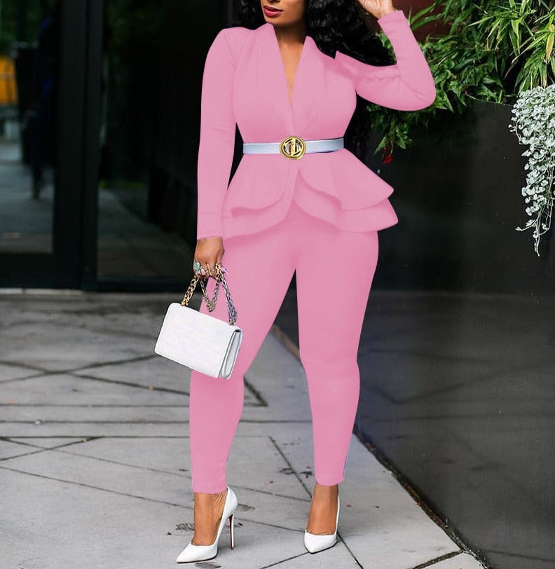 New Women Winter Women Set Tracksuit Full Sleeve Ruffles Blazers Pencil Pants Suit Two Piece Set Office Lady Outfits Uniform