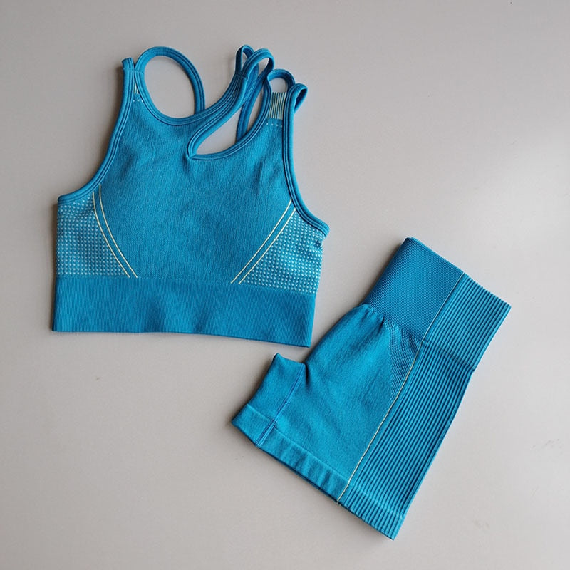 Seamless Yoga Set 2 Pcs Sports Suit Female Workout Clothes Sports Bra+High Waist Gym Shorts Running Women Sportwear