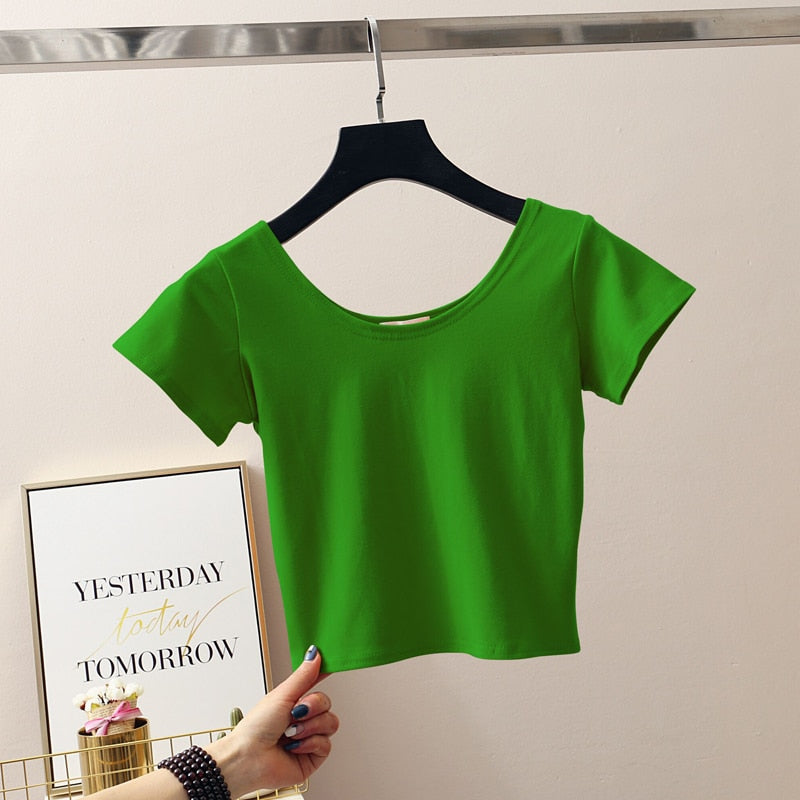 11 Colors Solid Crop Top Women T-shirt Cropped Slim High Waist Short Sleeve Basic Summer Clothes Tops Woman Free Shipping Tee