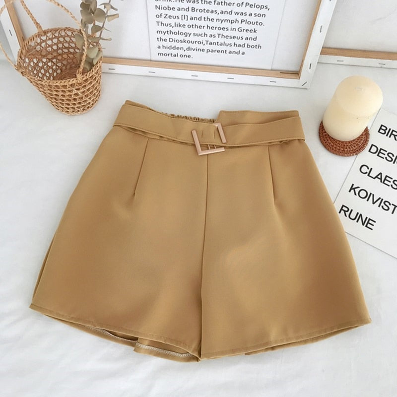 Office Elastic Waist Shorts Women Mini High Waist Shorts With Belt Wide Leg Summer 2023 Harajuku Korean Short Feminino