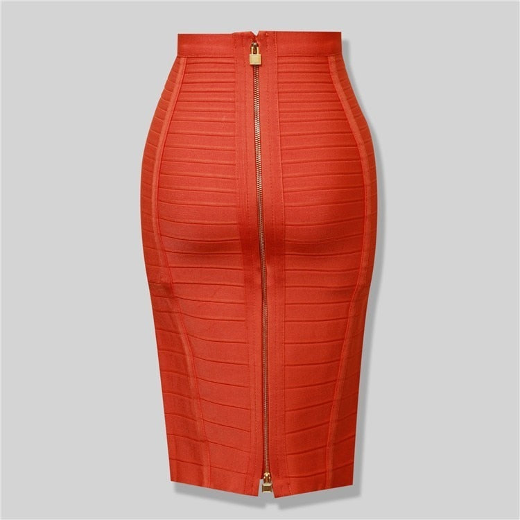 Sexy Solid Zipper Orange Blue Black Red White Pink Bandage Skirt Women Elastic Bodycon Summer Pencil Skirt 58cm