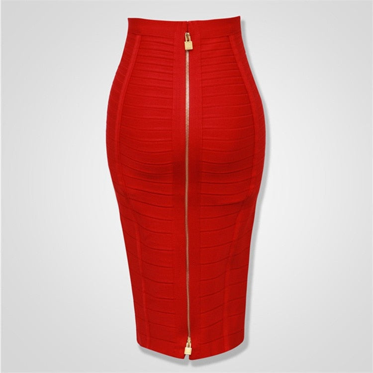 Sexy Solid Zipper Orange Blue Black Red White Pink Bandage Skirt Women Elastic Bodycon Summer Pencil Skirt 58cm