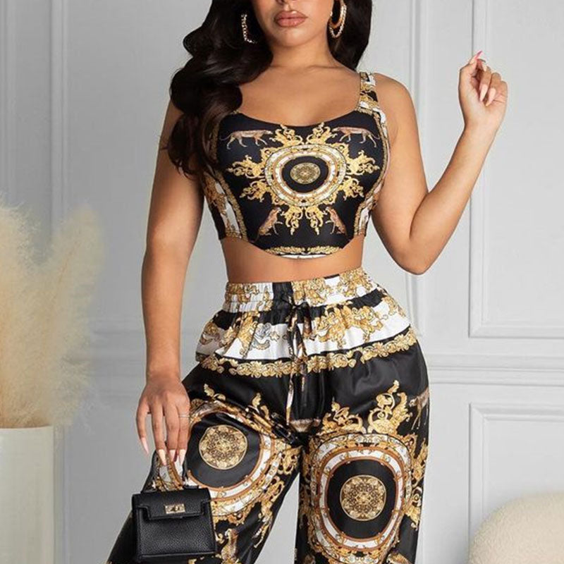 2022 Summer Women Black Clubwear Two Piece Suit Sets Sleeveless Scarf Print Crop Top High Waist Casual Long Pants Set