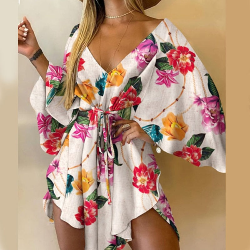 New Summer Women Elegant Dresses Sexy V Neck Lace-up Floral Printed Mini Dress Casual Flared Sleeve Irregular Ladies Party Dress