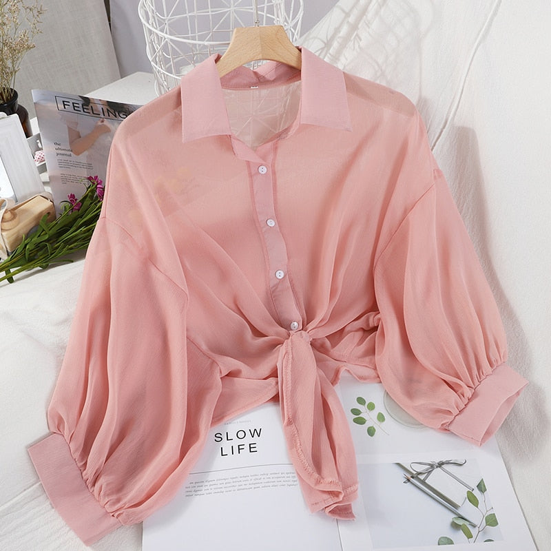 HELIAR Chiffon Shirts Women Half Sleeve Button Up Chiffon Blouses Female Blusa Feminina OL Shirts For Women 2020 Autumn