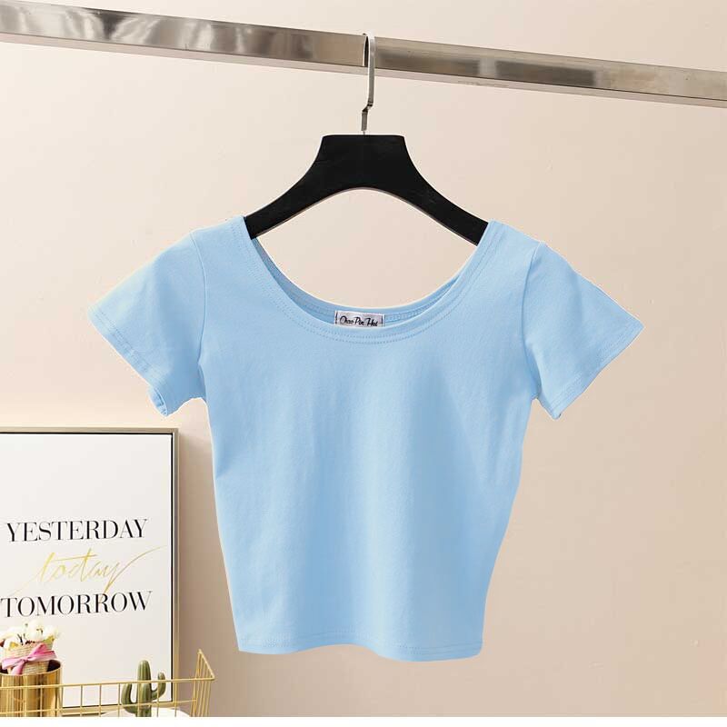 11 Colors Solid Crop Top Women T-shirt Cropped Slim High Waist Short Sleeve Basic Summer Clothes Tops Woman Free Shipping Tee