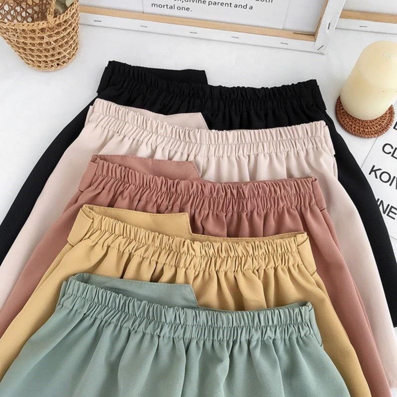 Office Elastic Waist Shorts Women Mini High Waist Shorts With Belt Wide Leg Summer 2023 Harajuku Korean Short Feminino