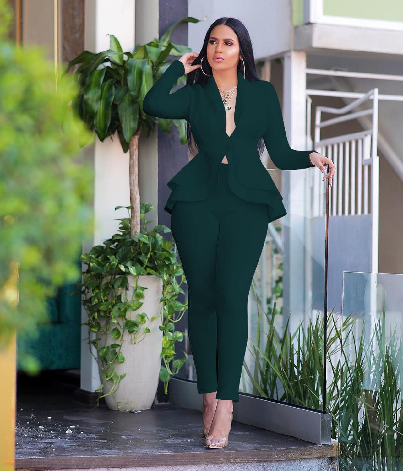 New Women Winter Women Set Tracksuit Full Sleeve Ruffles Blazers Pencil Pants Suit Two Piece Set Office Lady Outfits Uniform