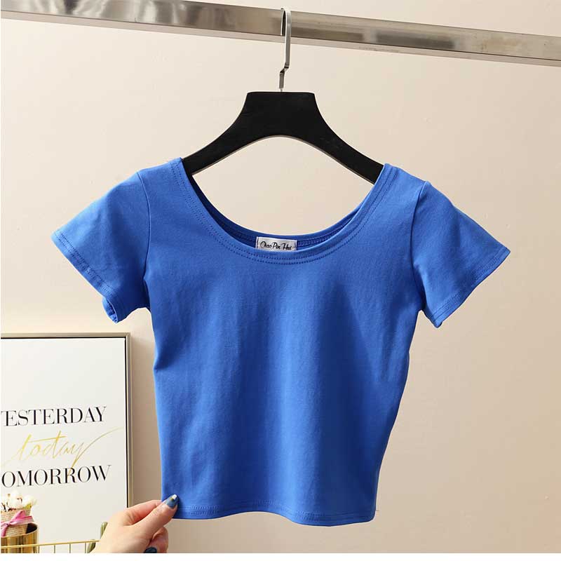 11 Colors Solid Crop Top Women T-shirt Cropped Slim High Waist Short Sleeve Basic Summer Clothes Tops Woman Free Shipping Tee