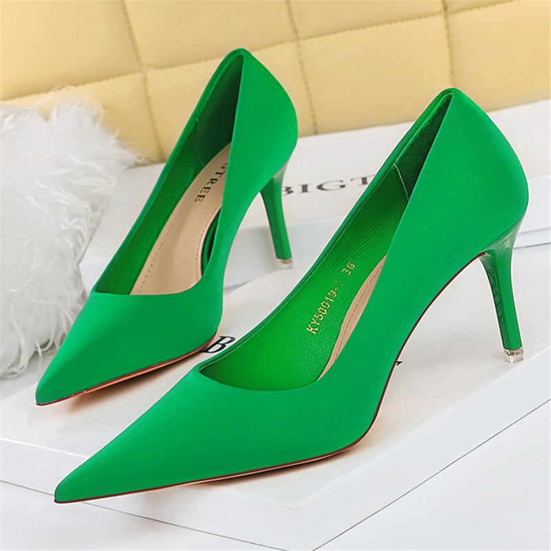 Luxury Elegant Women 7.5cm 10.5cm High Heels Scarpins Silk Pumps Lady Green Purple Fetish Wedding Bridal Low Heels Satin Shoes