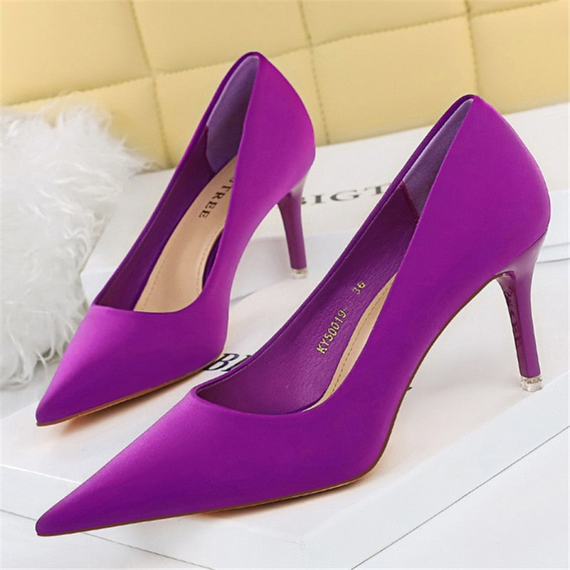 Luxury Elegant Women 7.5cm 10.5cm High Heels Scarpins Silk Pumps Lady Green Purple Fetish Wedding Bridal Low Heels Satin Shoes