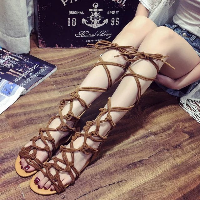 Fashion Rome Shies Women Sandals Thong Bandage Bohemian Beach Shoes Summer Knee High Flat Shoes Plus Size Sandals