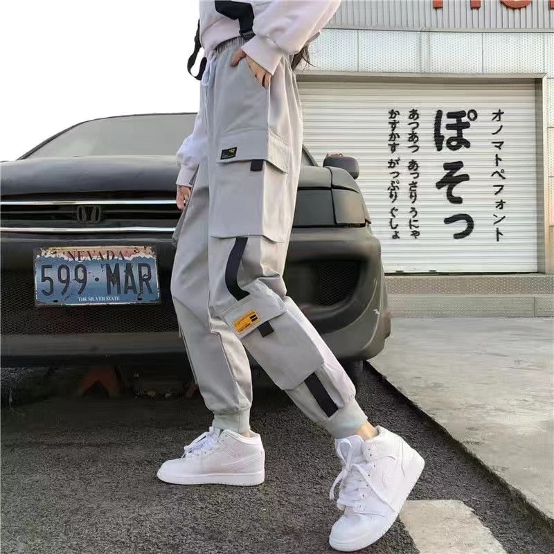 Women Cargo Pants 2021 Harem Pants Fashion Punk Pockets Jogger Trousers With Chain Harajuku Elastics High Waist Streetwear