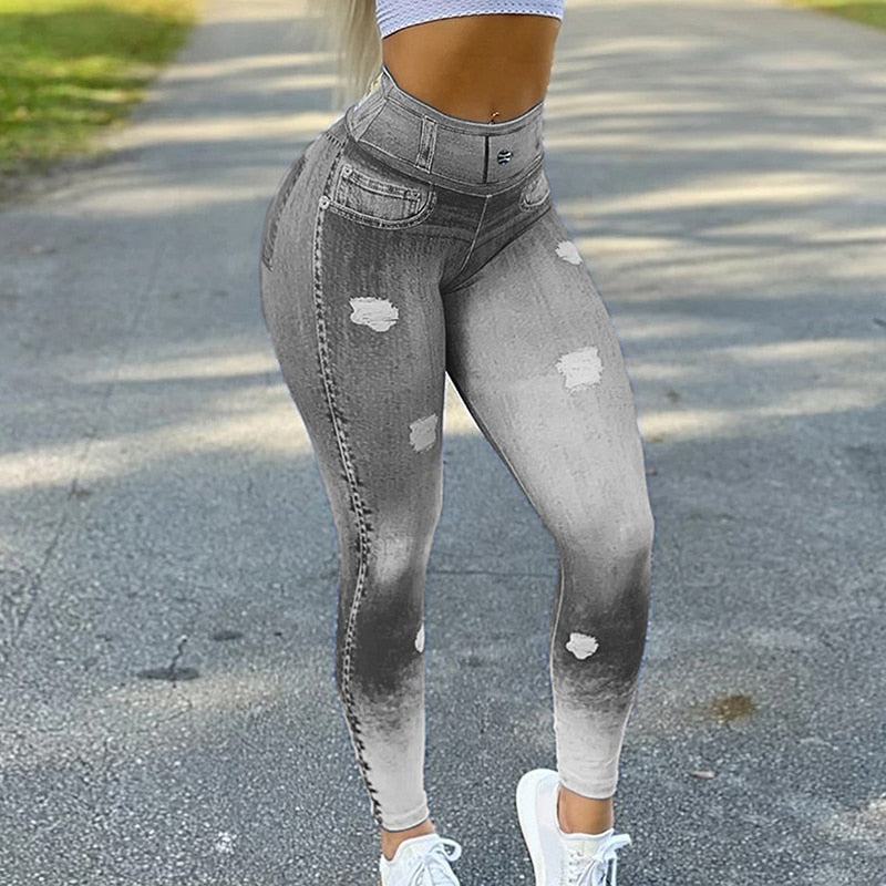 High Waist Faux Denim Jean Leggings Slim Elastic Seamless Skinny Pencil Pant Female Workout Running Leggings