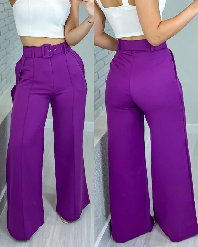 Pants for Women 2023 Spring Fashion Casual High Waist Plain Pocket Design Daily Long Work Pants with Belt Y2K Streetwear