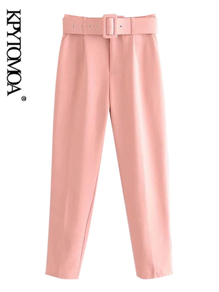 Women Fashion With Belt Side Pockets Office Wear Pants Vintage High Waist Zipper Fly Female Ankle Trousers