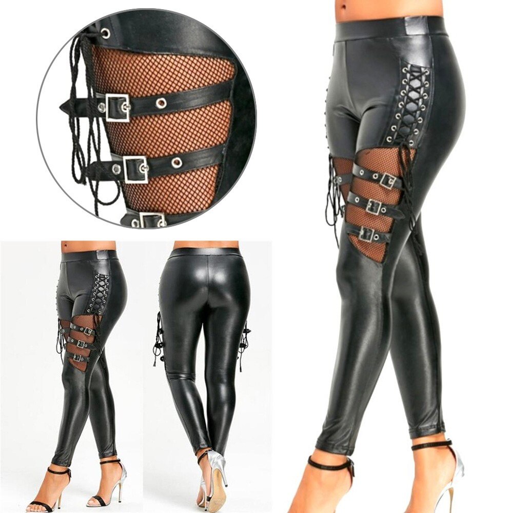 Skinny PU Leather Women Slim Trousers Gothic Punk Leggings Fishnet Trim Lace Faux PU Leather Pencil Pants