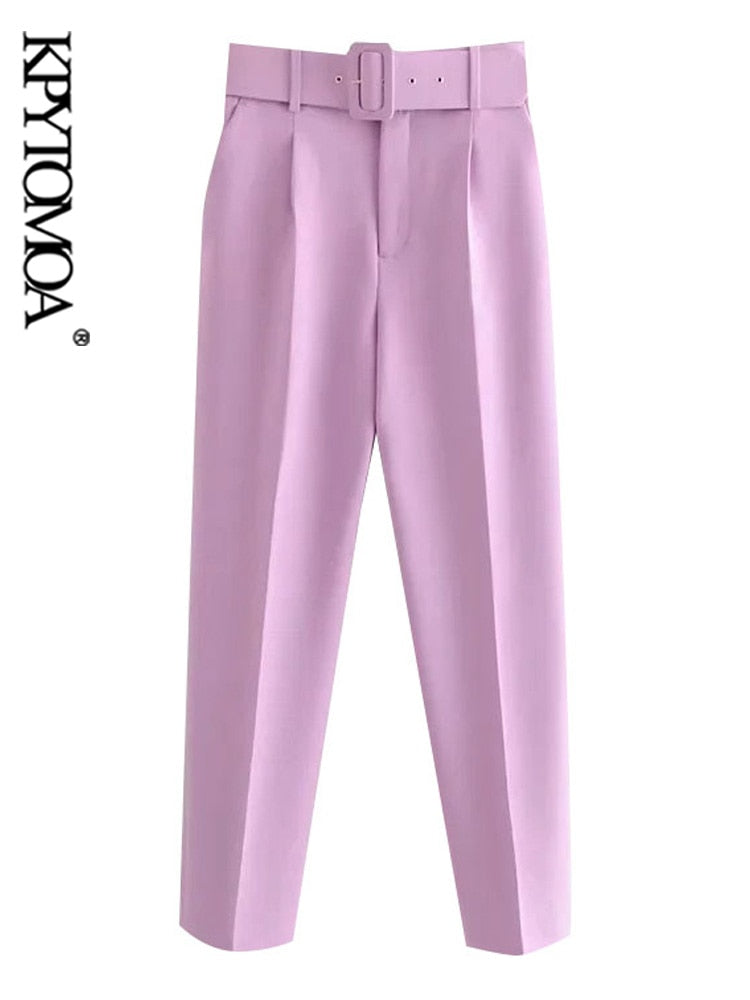 Women Fashion With Belt Side Pockets Office Wear Pants Vintage High Waist Zipper Fly Female Ankle Trousers