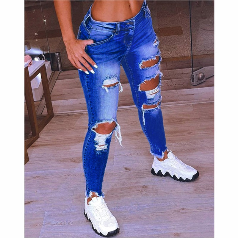 Women Low Waist Ripped Jeans Fashion Slim Hip Lift Elastic Ankle-Length Denim Pencil Pants Plus Size Jeans 5XL