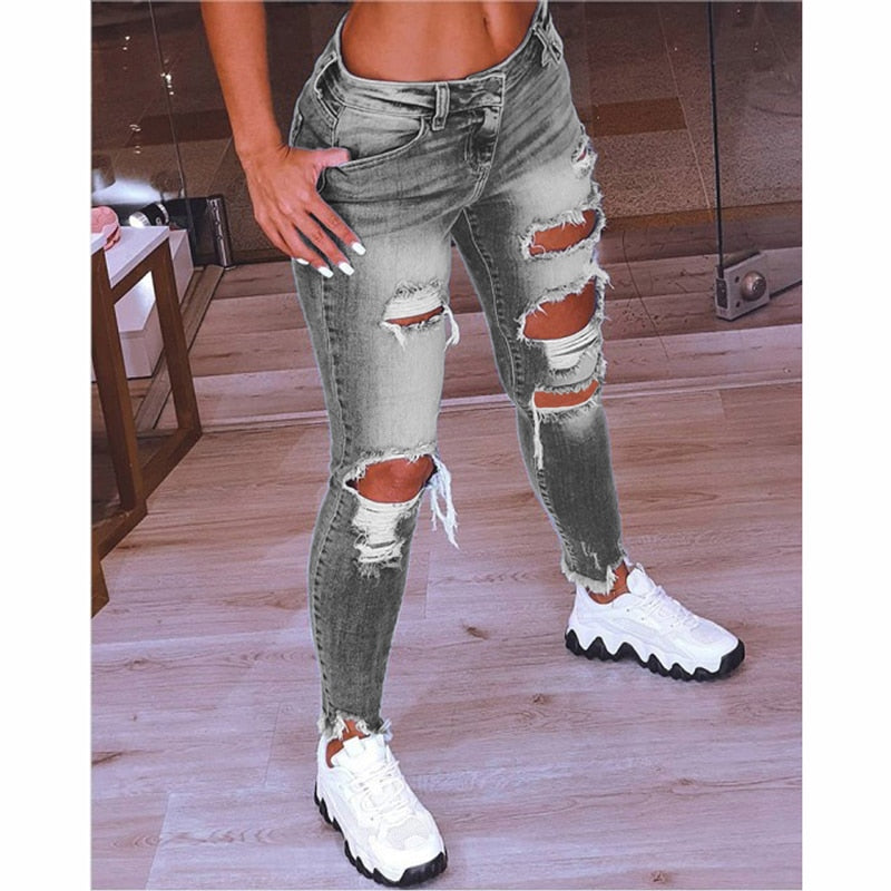 Women Low Waist Ripped Jeans Fashion Slim Hip Lift Elastic Ankle-Length Denim Pencil Pants Plus Size Jeans 5XL