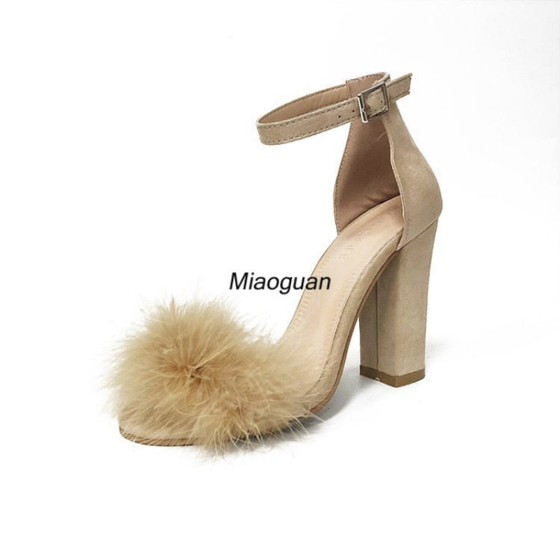 Ankle Strap High Heels Faux Fluffy Rabbit Fur Women Sandals 2023 Thick High Heel Party Wedding Shoes Bridal Summer Lady Fashion