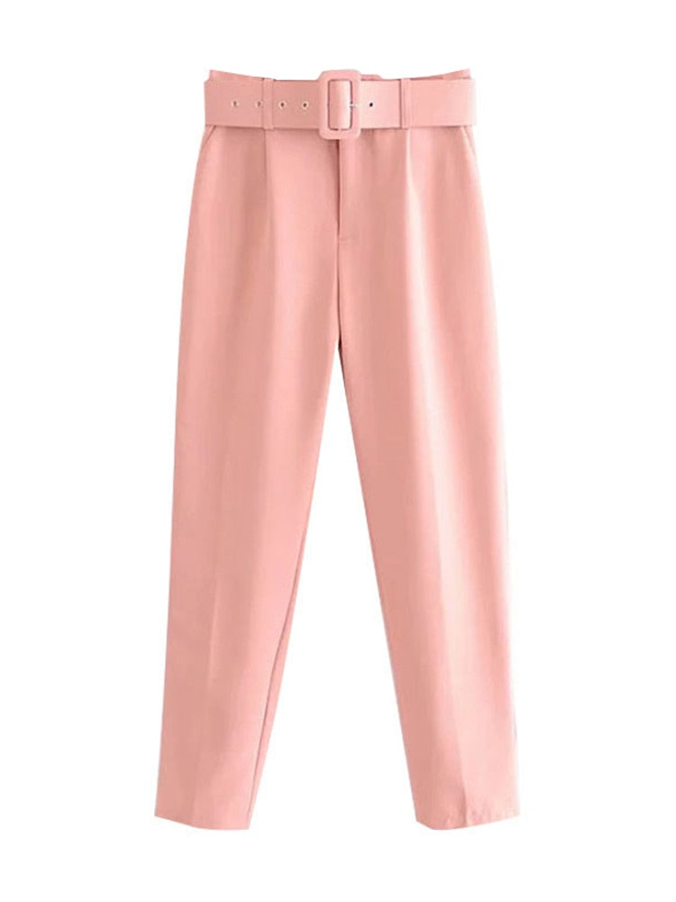 Women Fashion With Belt Side Pockets Office Wear Pants Vintage High Waist Zipper Fly Female Ankle Trousers