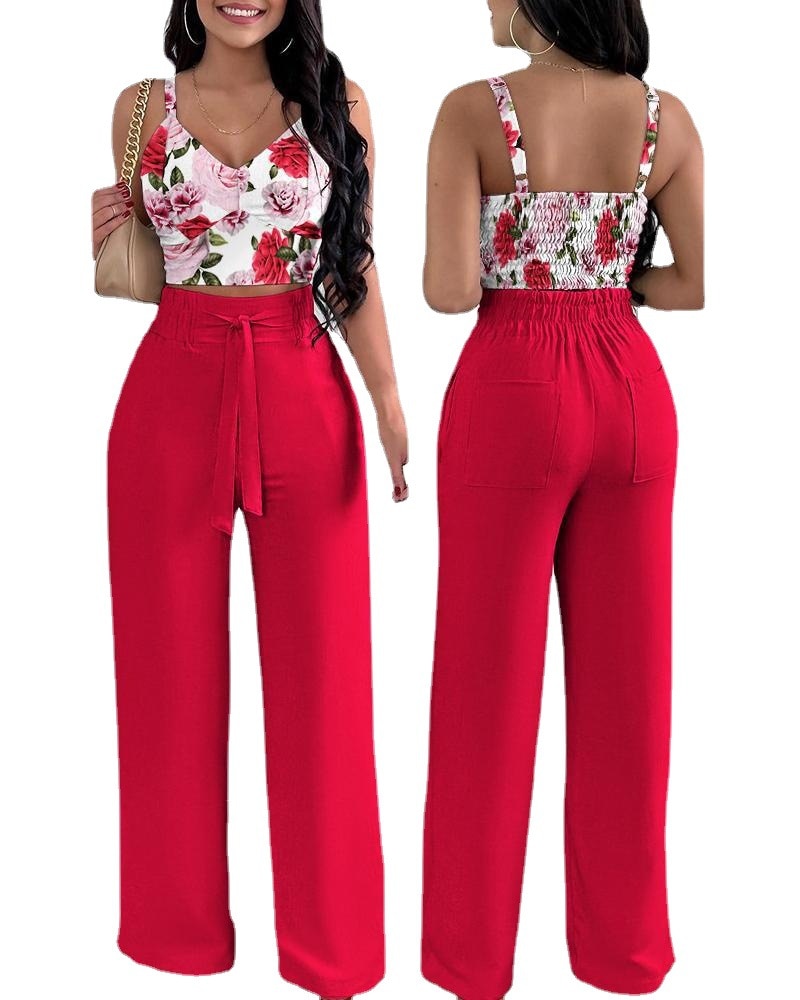 Women High Waist Trouser Set Casual Ladies Long Sleeve Shirts+Wide Leg Pants Suit Fashion Deep V Pattern Print Two Piece Outfits