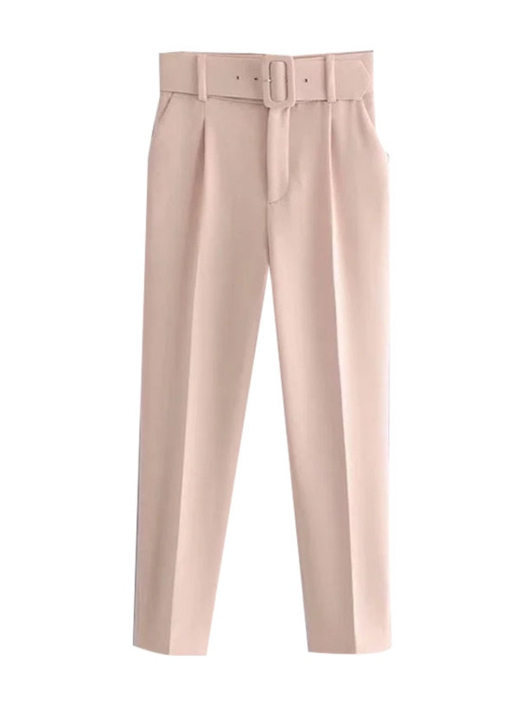 Women Fashion With Belt Side Pockets Office Wear Pants Vintage High Waist Zipper Fly Female Ankle Trousers