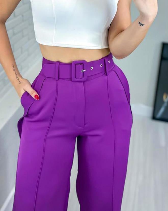 Pants for Women 2023 Spring Fashion Casual High Waist Plain Pocket Design Daily Long Work Pants with Belt Y2K Streetwear