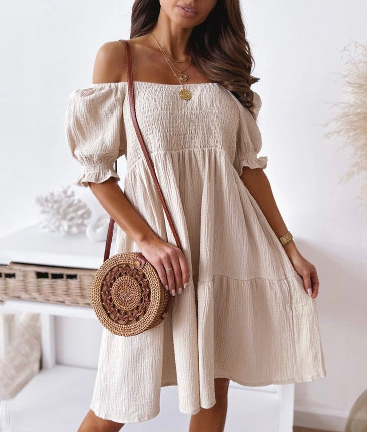 Women Sexy Backless Midi Dress 2022 Summer Fashion Lady Slash Neck White Puff Sleeve Big Swing Party Beach Dresses Casual Robe