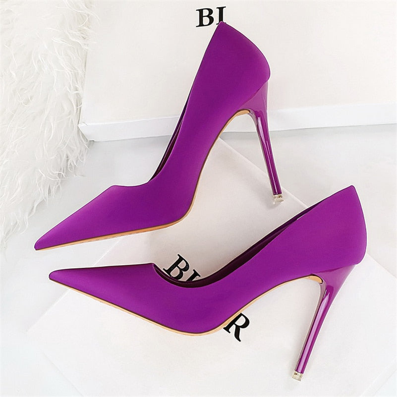 Luxury Elegant Women 7.5cm 10.5cm High Heels Scarpins Silk Pumps Lady Green Purple Fetish Wedding Bridal Low Heels Satin Shoes