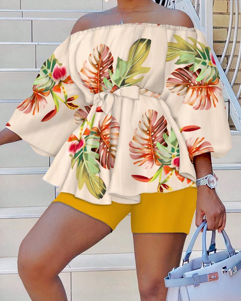 Summer Fashion Print Two Piece Set Women Slash Neck Off Shoulder Ruffle Top Shorts Two Piece Suit Women outfits 2 piece sets