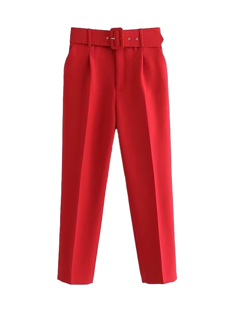 Women Fashion With Belt Side Pockets Office Wear Pants Vintage High Waist Zipper Fly Female Ankle Trousers