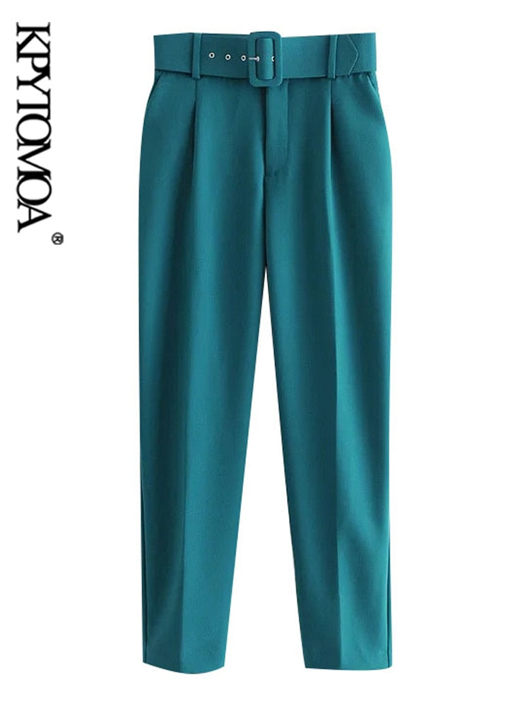 Women Fashion With Belt Side Pockets Office Wear Pants Vintage High Waist Zipper Fly Female Ankle Trousers