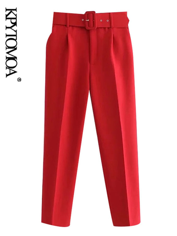 Women Fashion With Belt Side Pockets Office Wear Pants Vintage High Waist Zipper Fly Female Ankle Trousers