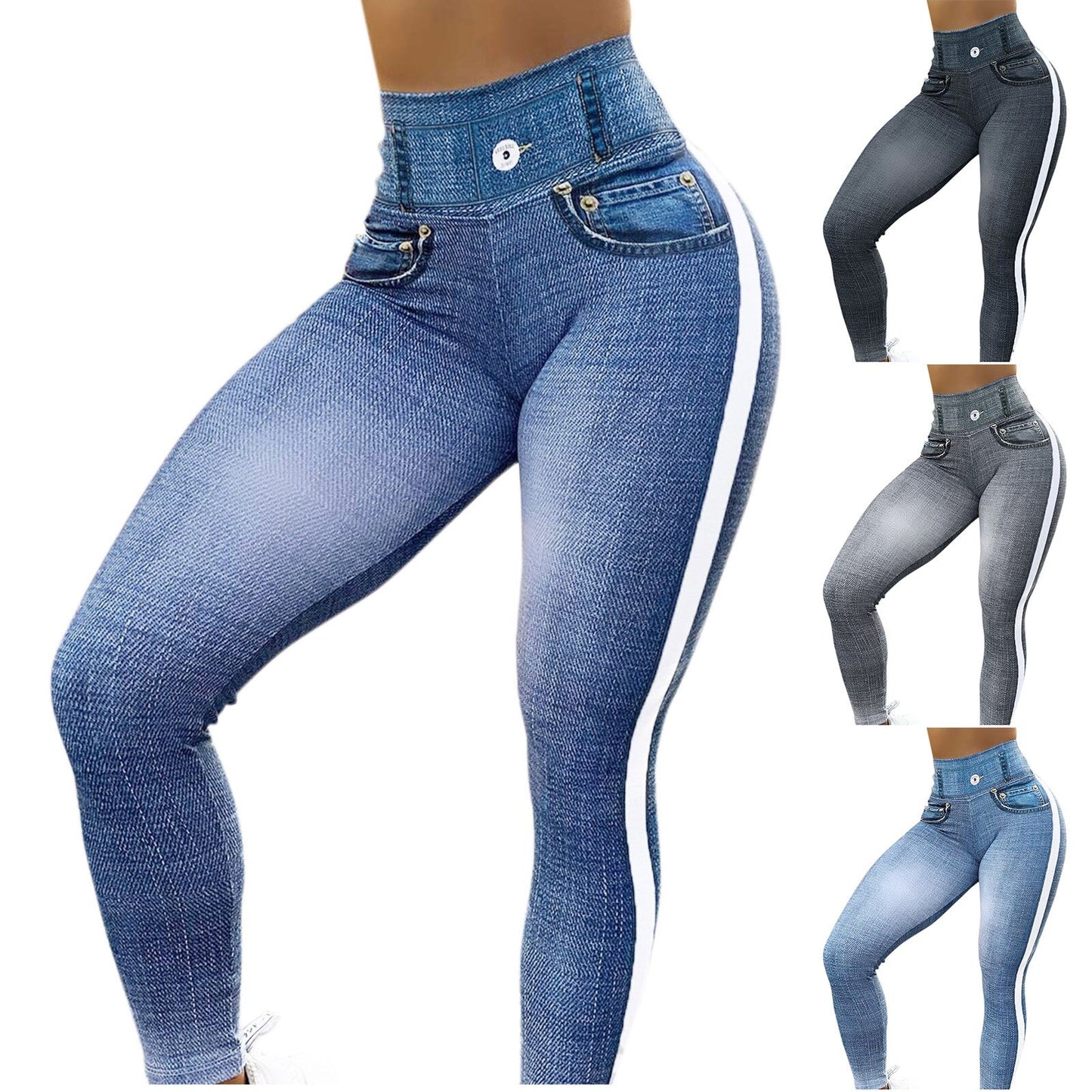 Women Casual Simulation Fitted Jeans Slim High Waist Elastic Leggings