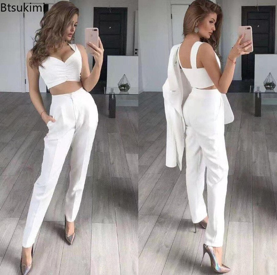 Elegant OL Office Ladies Suits Pants 3PCS Breathable Turndown Collar Women Jacket Dress Suits Slim Jacket+vest +Pants Suit Set