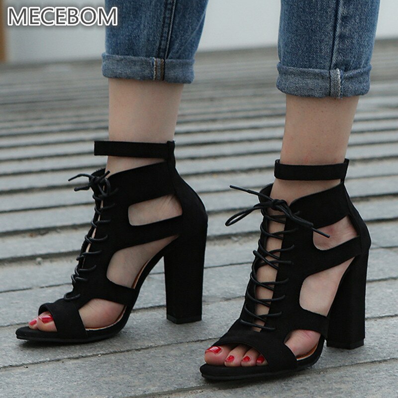 Spring Women Pumps Black Suede Fabric Cross Strap Platform High Thick Heel Hollow Sandals