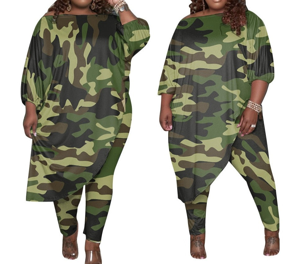 Autumn Style Trendy Plus Size Women Clothing Tracksuit Womens Long Loose Camouflage Oblique Shoulder