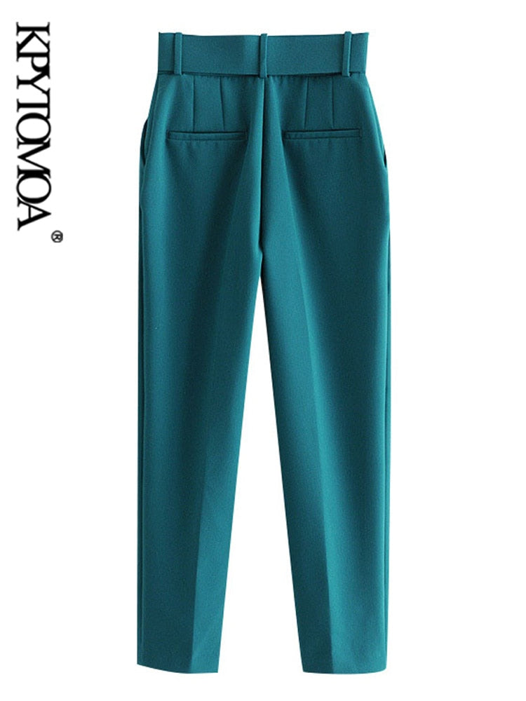 Women Fashion With Belt Side Pockets Office Wear Pants Vintage High Waist Zipper Fly Female Ankle Trousers