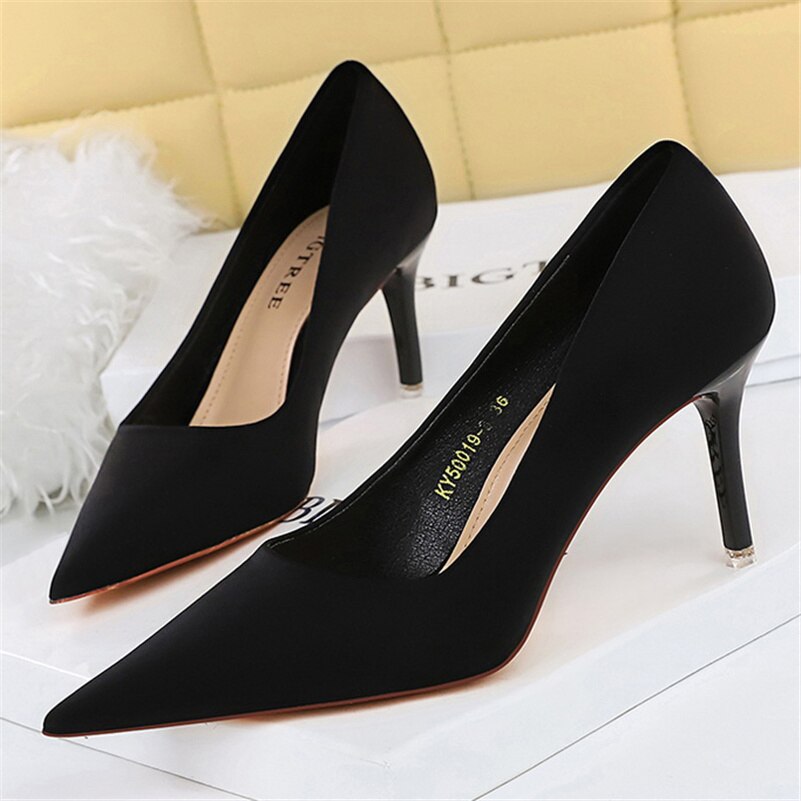 Luxury Elegant Women 7.5cm 10.5cm High Heels Scarpins Silk Pumps Lady Green Purple Fetish Wedding Bridal Low Heels Satin Shoes