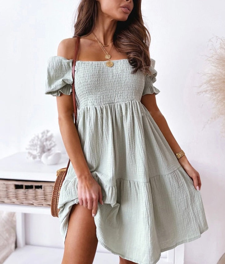 Women Sexy Backless Midi Dress 2022 Summer Fashion Lady Slash Neck White Puff Sleeve Big Swing Party Beach Dresses Casual Robe