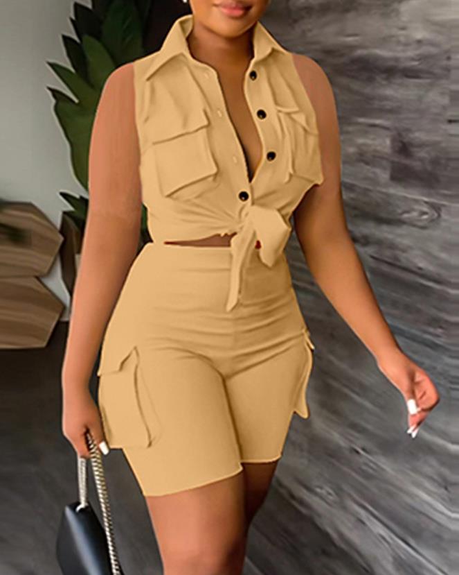 Two Piece Sets Womens Outifits 2023 Summer Fashion Buttoned Pocket Design Turn-Down Collar Sleeveless Top &amp; Casual Shorts Set