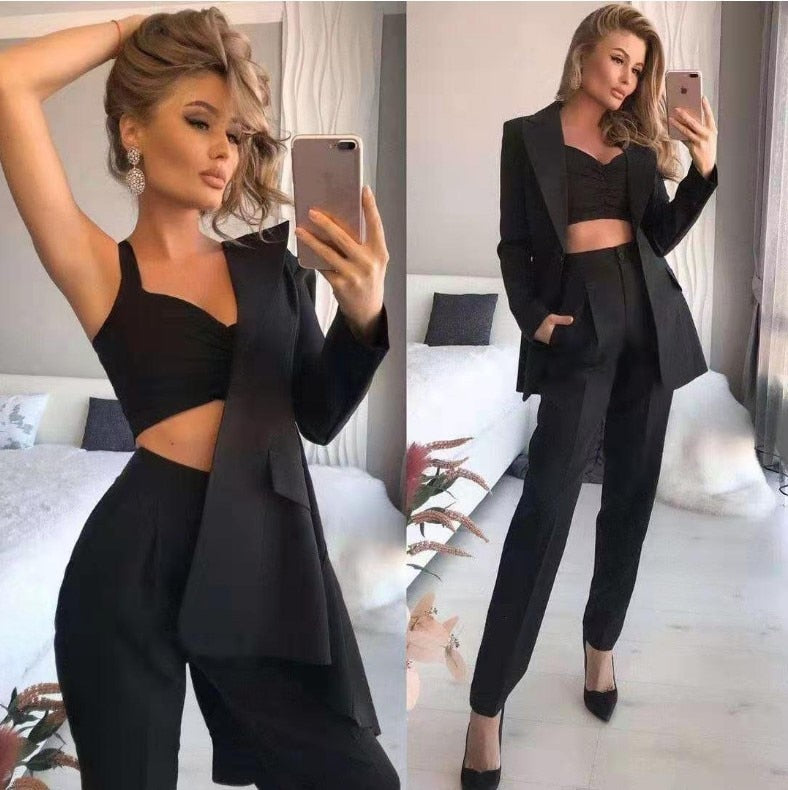 Elegant OL Office Ladies Suits Pants 3PCS Breathable Turndown Collar Women Jacket Dress Suits Slim Jacket+vest +Pants Suit Set